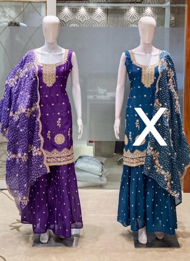 Chiffon Purple Traditional Wear Stone Work Readymade Salwaar Suit